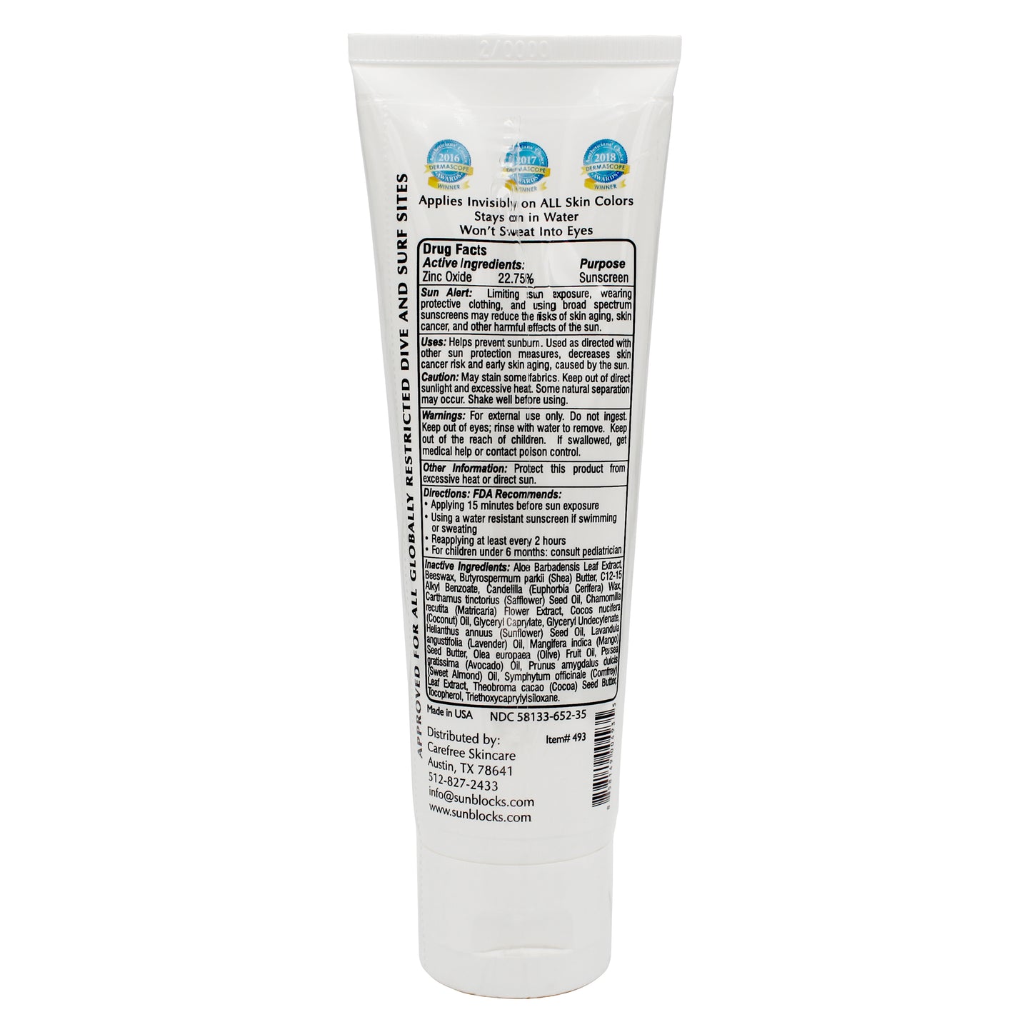 Carefree Natural SPF 30 Sunscreen Back of Tube