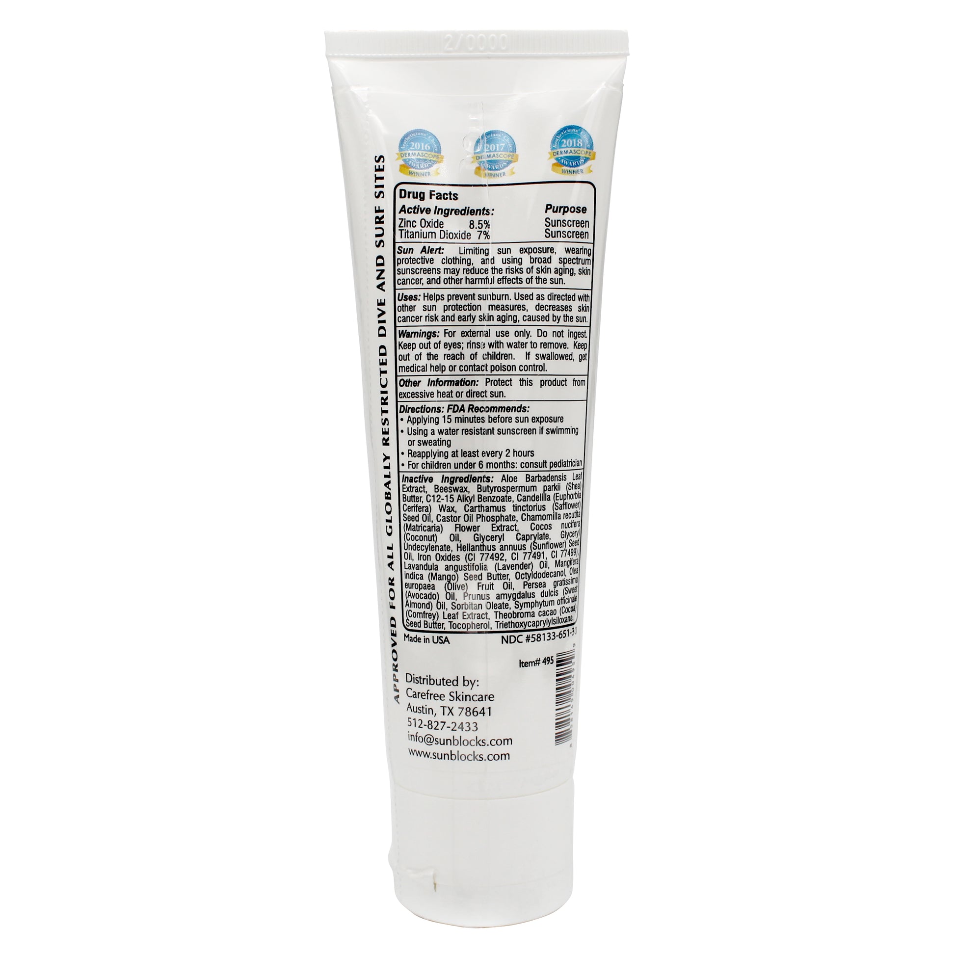 Carefree Natural SPF 50 Sunscreen Back of Tube
